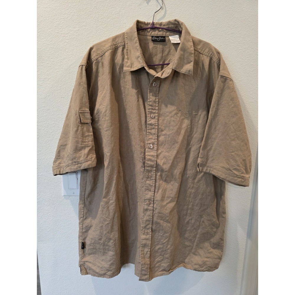 Sean John Tan‎ Brown Button Down Shirt Sz XL Linen Cotton Blend Chill Streetwear
